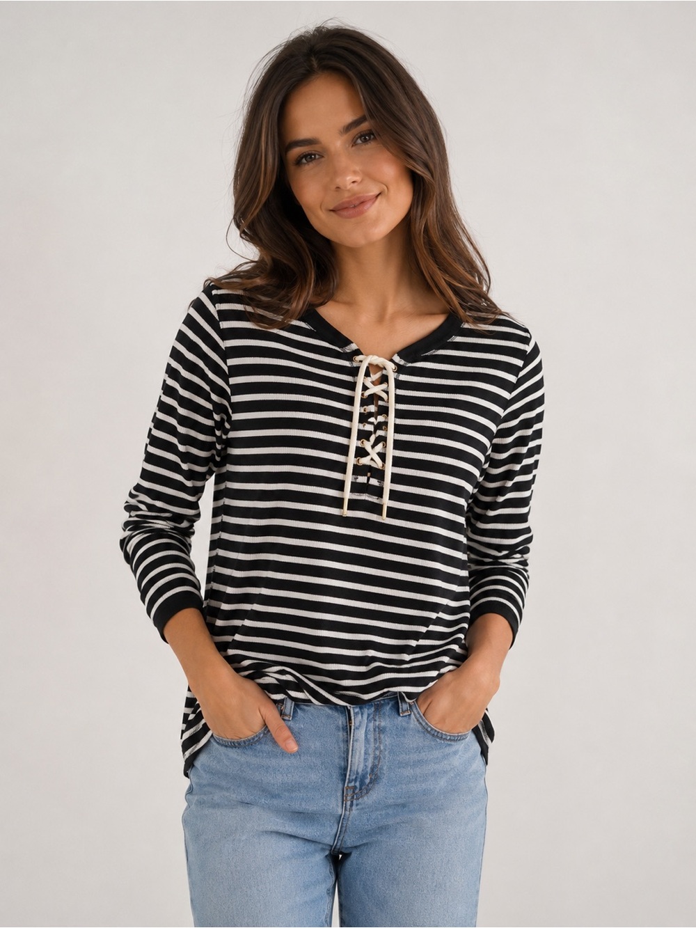 Lauren Ralph Lauren Black & White Striped Lace-Up Long Sleeve Top - Ribbed Knit